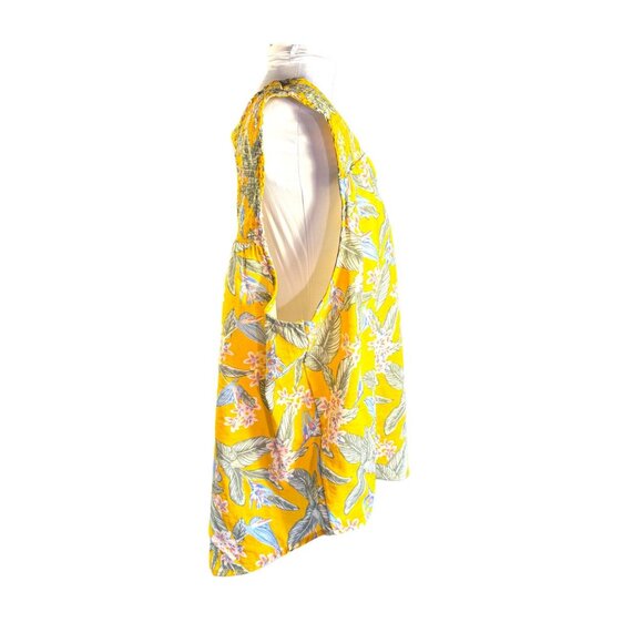 Yellow Floral Sleeveless Top With Smocked Shoulders & V-Neckline Womens L - Picture 5 of 9